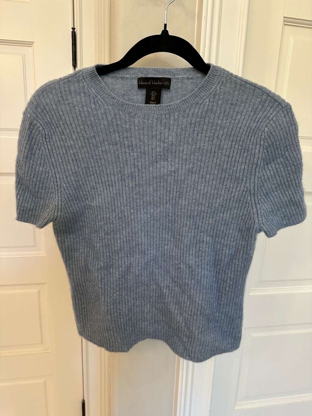 House of Harlow 1960 100% Cashmere Ribbed Sweater Cropped Top Shirt Blue Sz L
